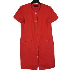 Kelly Graham Linen Button Front Dress Womens 14 Red Short Sleeve Shift USA Made